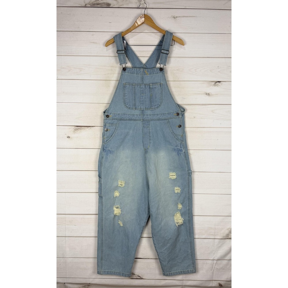 MONTHORIGIN Overalls Womens Large Blue Denim Distressed Bib Cropped Pockets